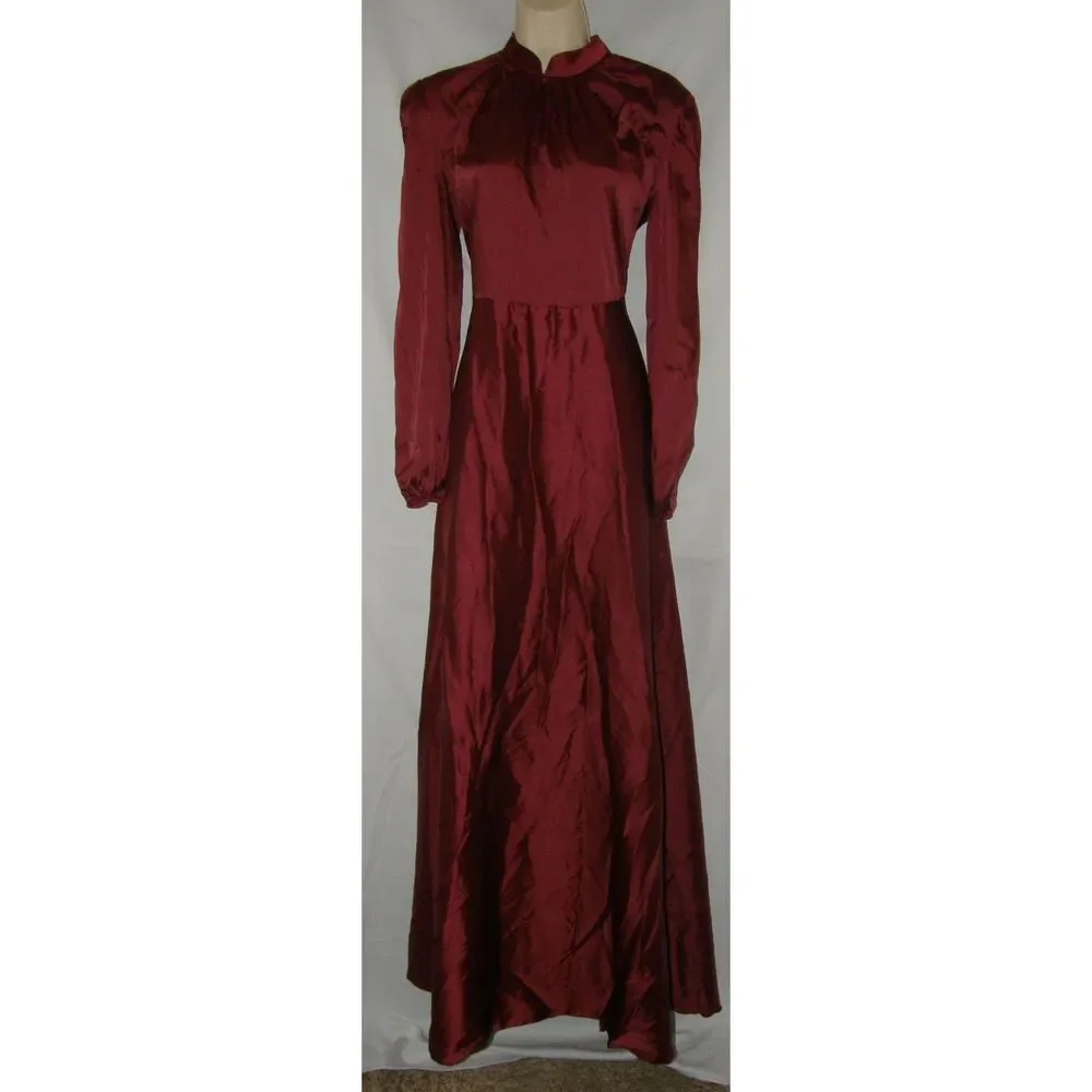 NEW Burgundy Sz 6 High Neck Satin Long Sleeve Modest Maxi Dress ANNAH HARIRI